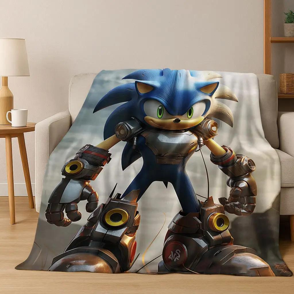 Classic S-Sonic Game Cartoon Hedgehog Flannel Blanket Soft Warm Throw Blanket for Bed Bedroom Room Living Room Travel Picnic Kid