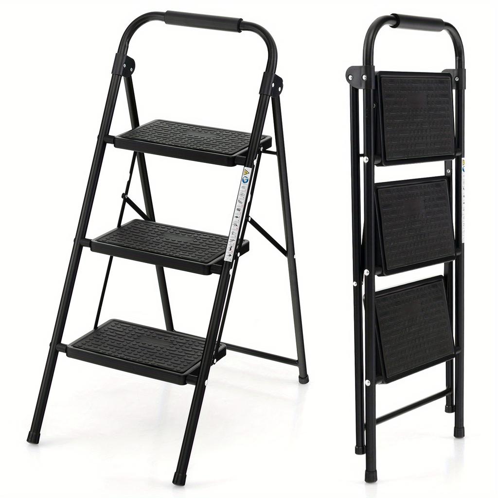 3-Step Folding Ladder Portable Stool Ladders Metal Heavy-Duty Stepladder 150kg Load Household w/Anti-Slip Pedal Handle Black