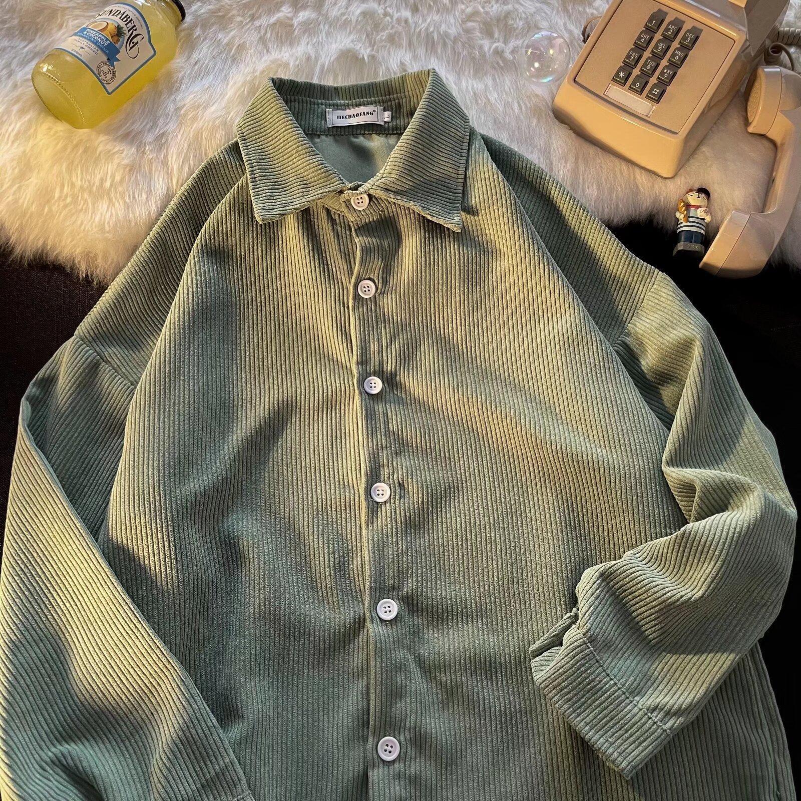 

Neutral Striped Corduroy Shirt - Trendy, Long-Sleeved, Street-Style with Tie for a Vibe Look 3XL зелений