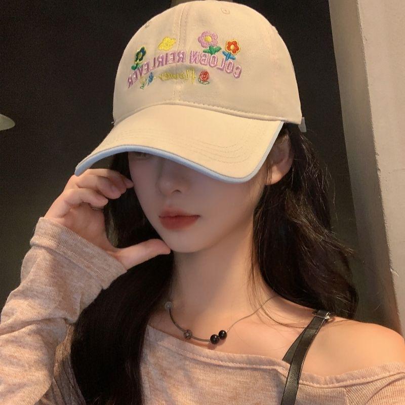 New Flower Yellow Letter Embroidered Baseball Cap Female Sweet Versatile Soft Top Big Head Circumference Showing Face Ducktongue