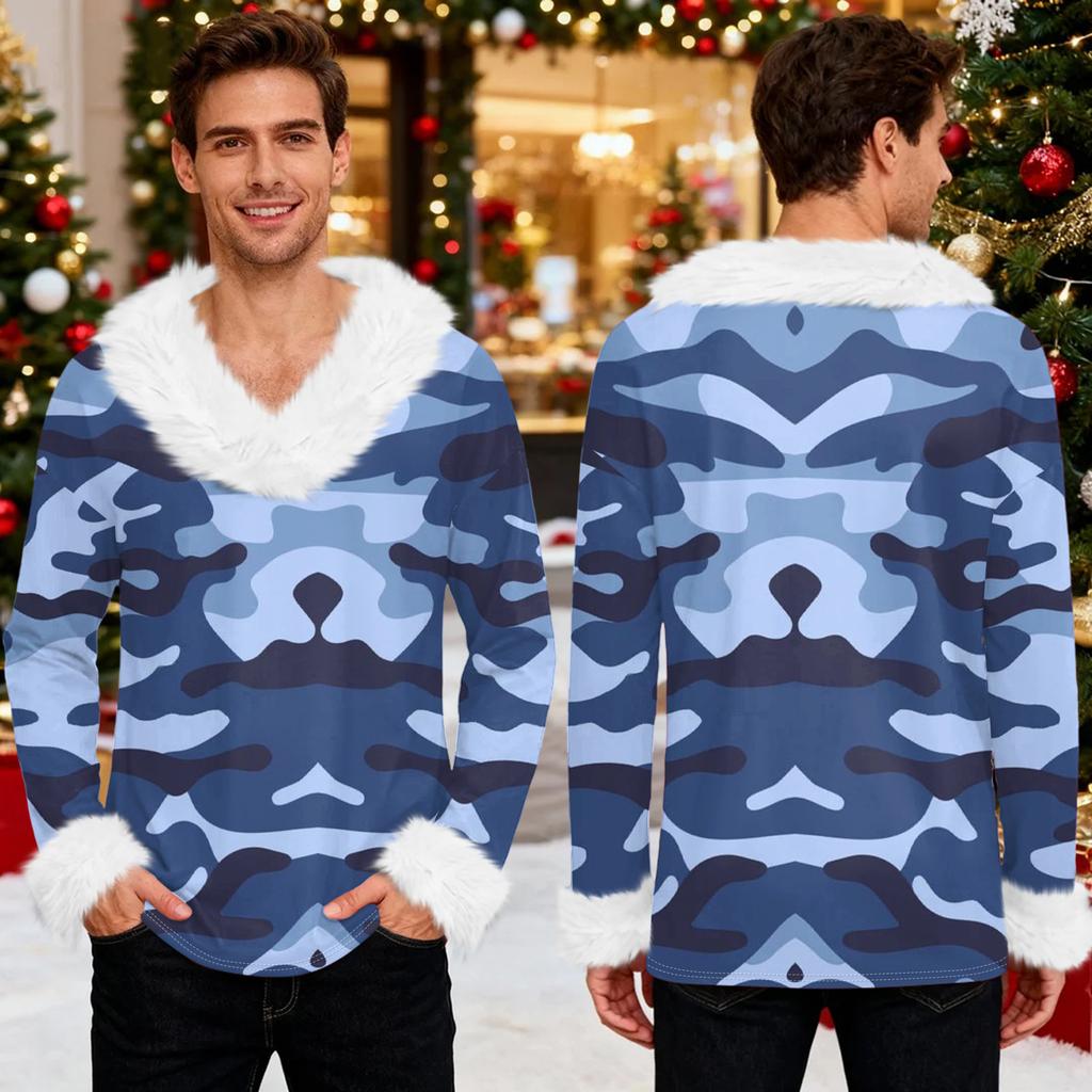 Men's Christmas Printed Fleece Lined Hoodie | Faux Trim Party Sweatshirt With Pocket | Plus Size Loose Fit Holiday Pullover