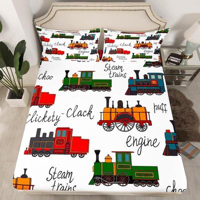 Vintage Train Bed Sheet ,Cartoon Train Car Fitted Sheet for Teens Adults Bedroom Decor,Train Bed Cover and Pillowcase 75*50cm