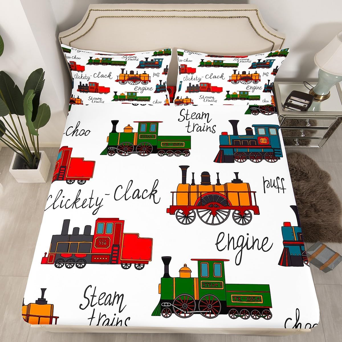 

Vintage Train Bed Sheet ,Cartoon Train Car Fitted Sheet for Teens Adults Bedroom Decor,Train Bed Cover and Pillowcase 75*50cm 90x190cm