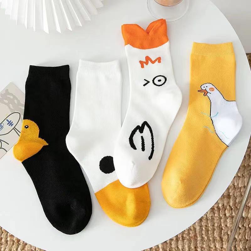 Cute Cartoon Big White Goose Little Yellow Duck Couple Socks Cotton Women's Long Socks Medium Tube Korean Harajuku Socks