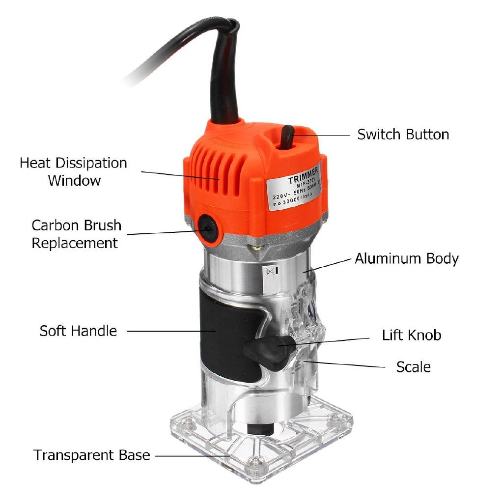 Electric Wood Trimmer 800W 30000rpm Working Milling Engraving Slotting Trimming Machine Hand Carving Machine Wood Router