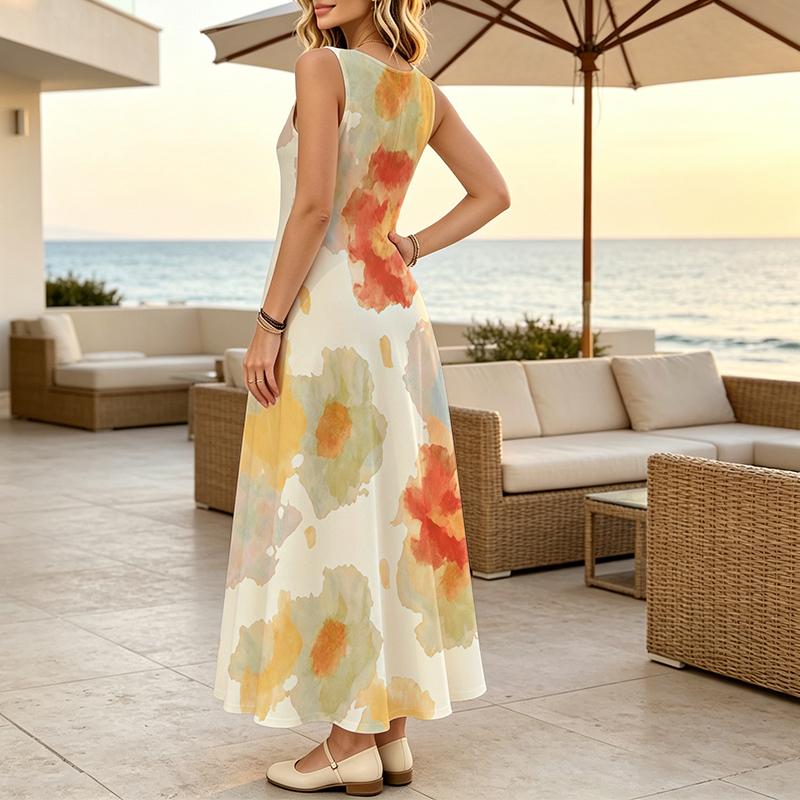 Women's Sleeveless Maxi Dress,Fresh Watercolor Style,Lightweight Flowy Skirt,Casual Daily Outdoor Walking,Fashion Versatile