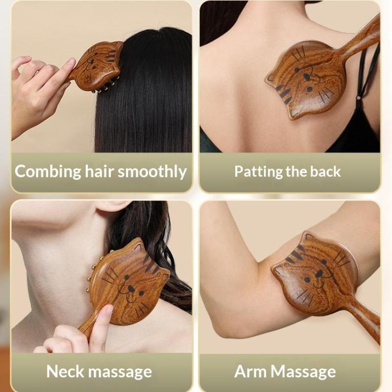 Sandalwood Massage Comb & Kitten Shape Gua Sha Tool Brass Head Long Handle Sturdy Meridian Massager Brush for SPA