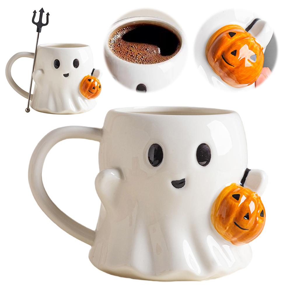 600ML Cute Ghost Water Cup Halloween Pumpkin Ghost Face Ceramic Mug Couple Afternoon Tea Coffee Cup Drinking Set Halloween Gifts
