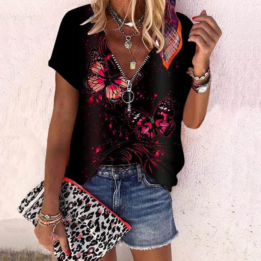 

Женский топ, летний новый модный топ с цветком розы, синей бабочкой и принтом, повседневный топ на молнии с v-образным вырезом и короткими рукавами 8XL красный
