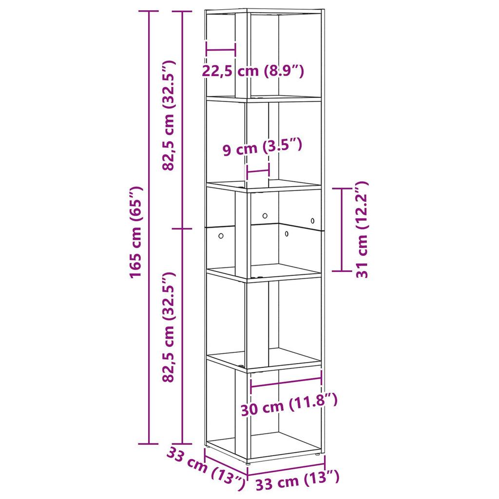 Eckschrank, Regale für das Arbeitszimmer, offenes Mehrzweckregal, multifunktionales Regal, schwarze Eiche 33x33x164,5 cm aus Holzwerkstoff