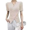 Irregular Cross Knit Short-sleeved Female Summer Bottoming V-neck Hundred Matching Solid Color Tops T-shirt Female Casual Slim Fit Pullovers Tees