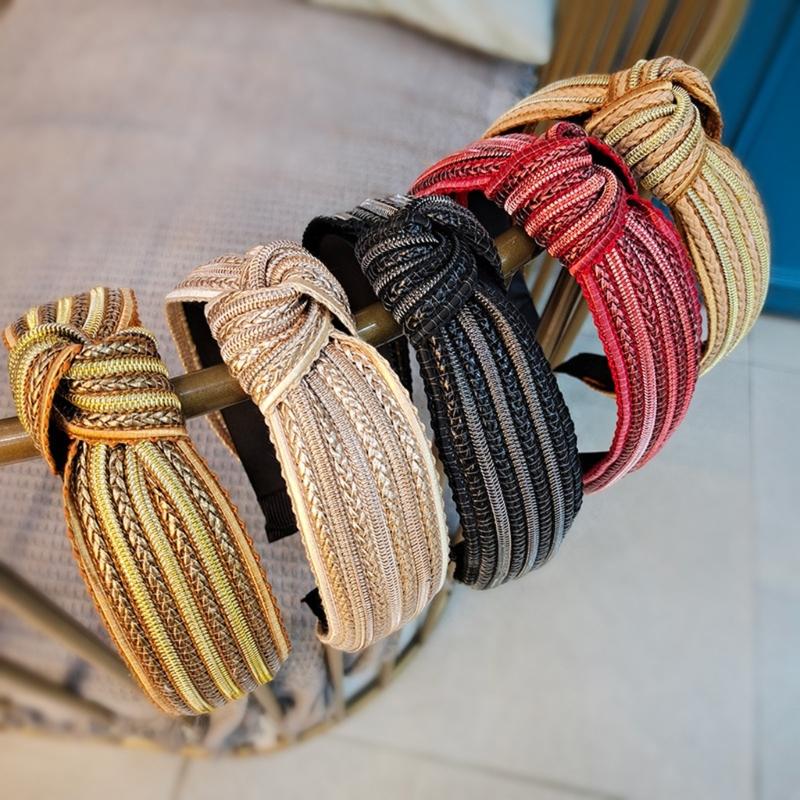 Natürliches Stroh Gewebtes Haarband Breites Design Knoten Verzierungen Bequemes Slip Kopfstück Für Tägliches Styling