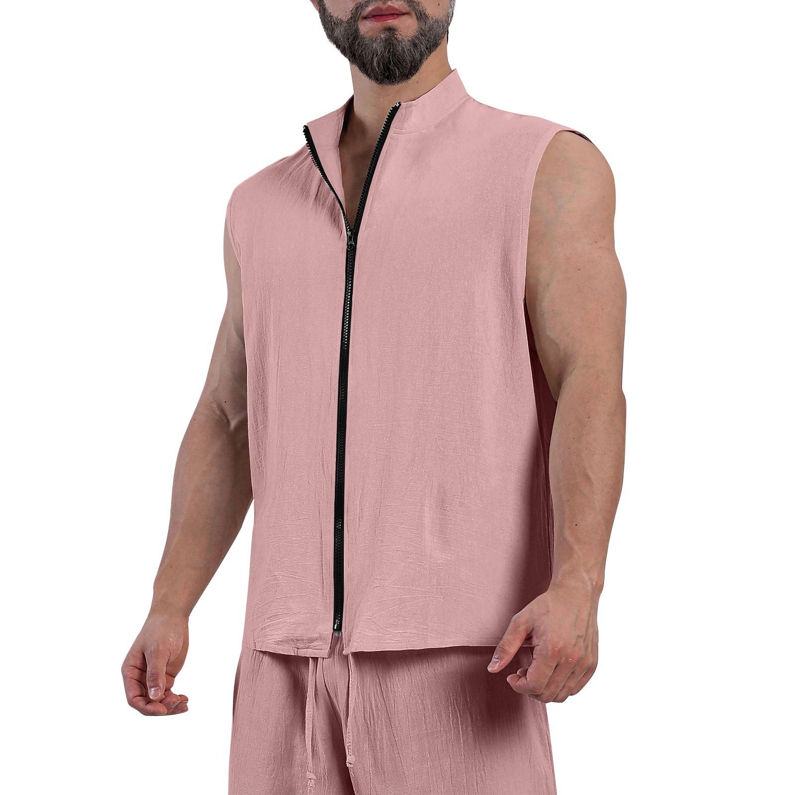 

Мужская однотонная рубашка без рукавов с воротником-стойкой из хлопка и льна на пуговицах XL