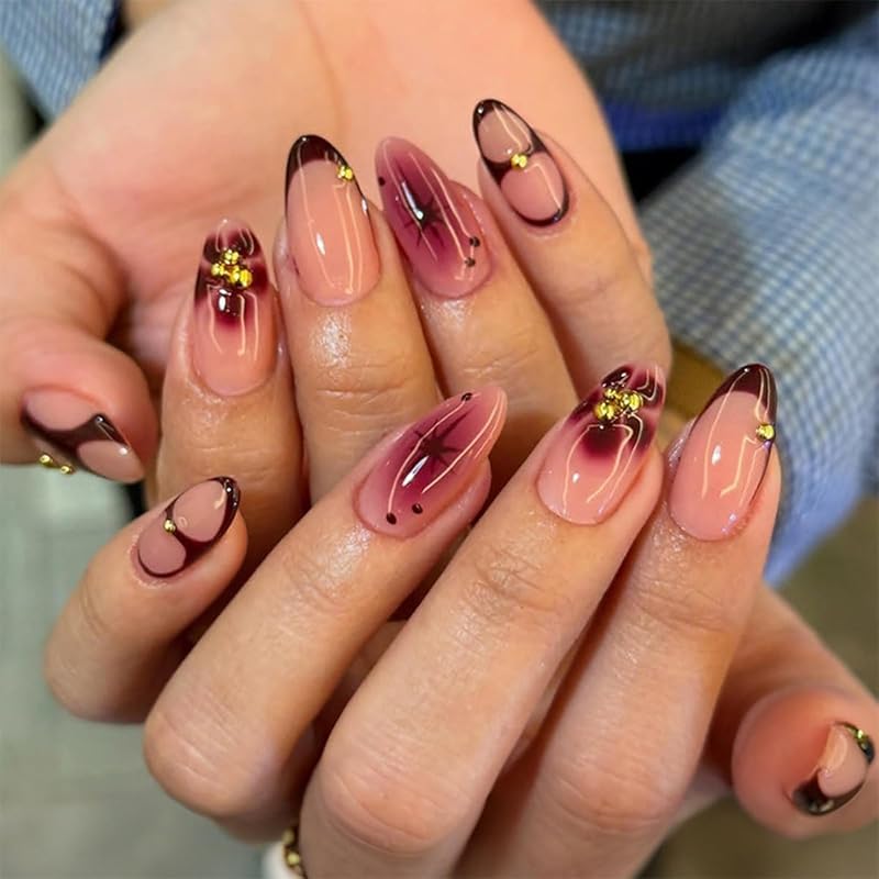 Flower Press on Nails Short Almond Fake Nails Spring Summer Nails Shell French Tip False Nails Press ons with Pearl Design Glossy Acrylic Reusable