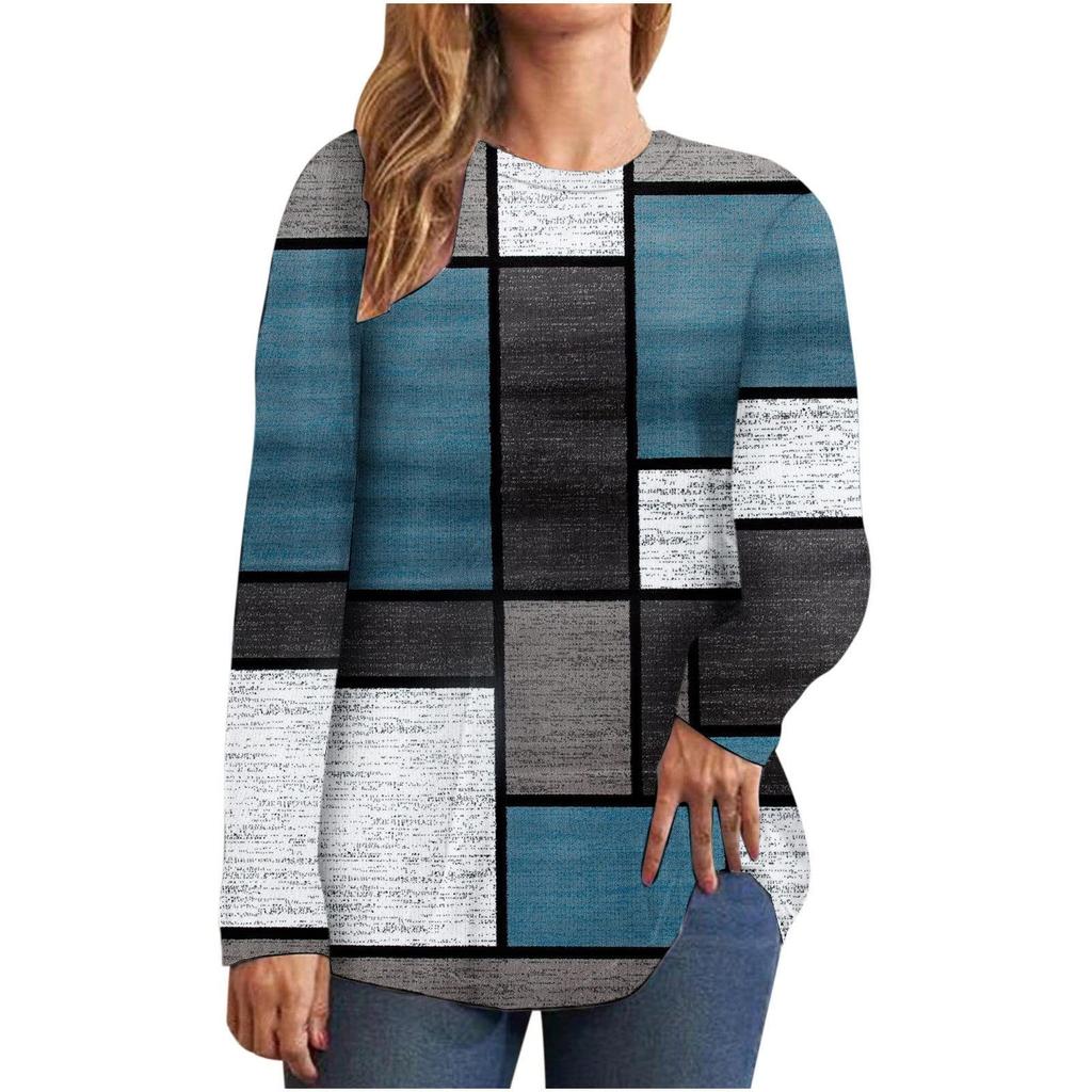 Casual Color Block Long Sleeve Tops For Women Fall Geometric Graphic Crewneck Loose T Shirts Slouchy Tunic Blouses