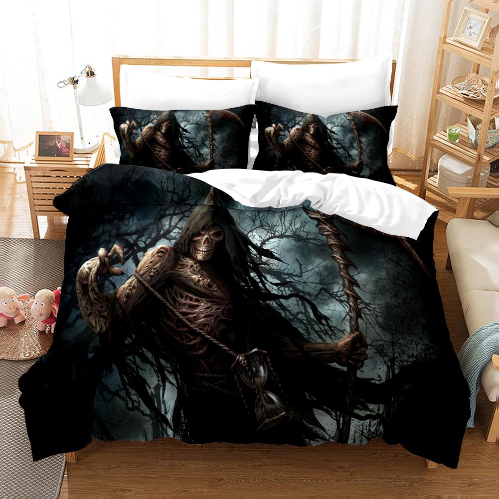 3D Skull Head Bedding Set Horror Pattern Duvet Cover 2/3 Pieces Halloween Festival Atmosphere Layout AU/EU/US/UK/DE Full Size Home Decoration