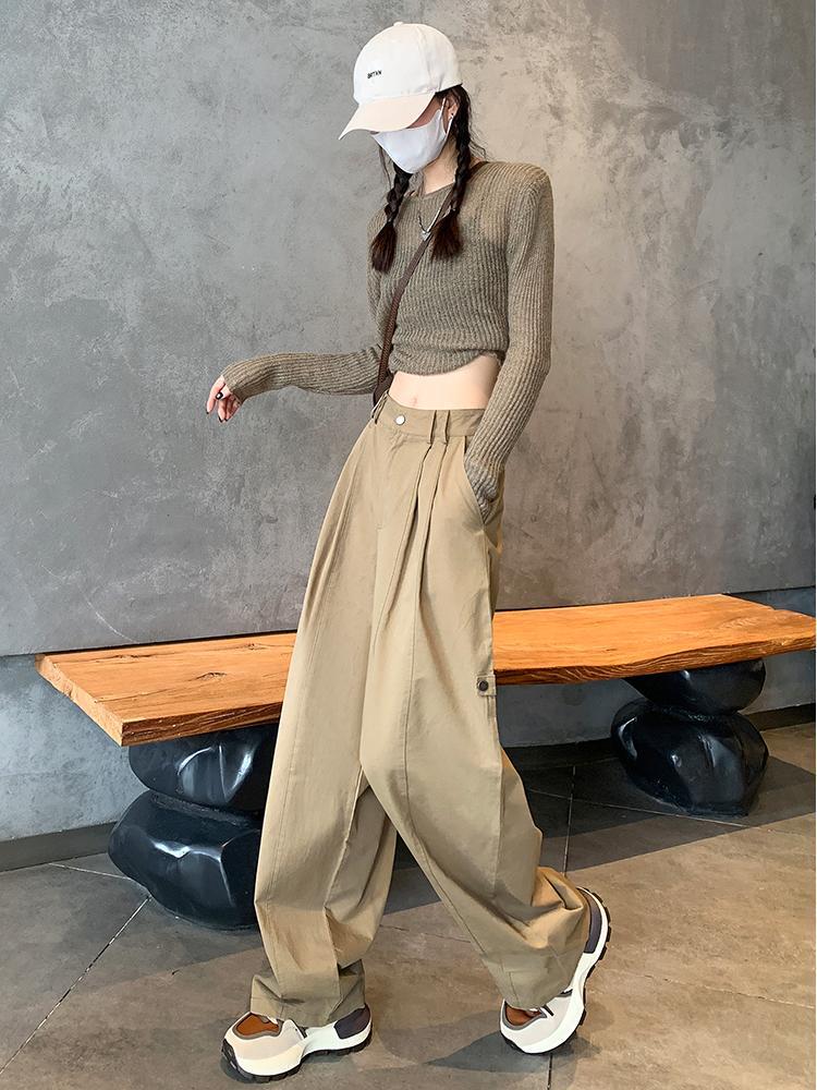 Khaki Retro High-Waist Wide-Leg Women's Work Pants, Extra Long Version for Tall, Spring/Autumn 2025.