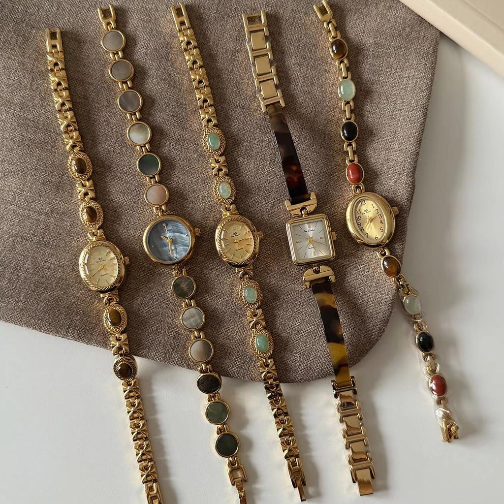 Tiger eye Stone Amber Small Gold Watch Bracelet for Women, Light Luxury, Retro Fashion, Quartz Watches for Women Gift Collection