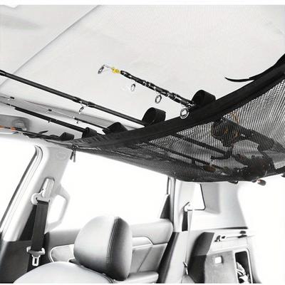 Fit Nylon Car Ceiling Cargo Net with Adjustable Fishing Rod Holder Durable Storage Solution for Cars, SUVs, Organized Travel & Camping Accessory