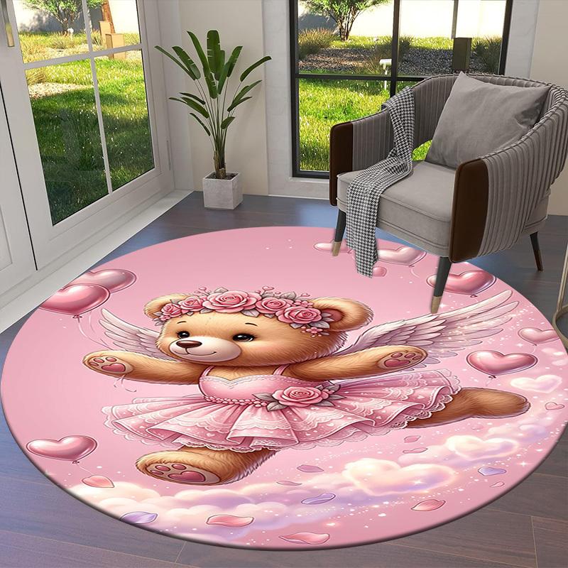 1PC Bear Angel Non-Slip Floor Round Carpet, Office, Family, Bedroom, Large Area Rug Indoor Rugs, Durable PolyesterH0346