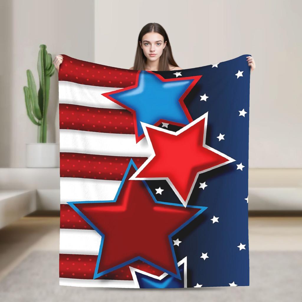 4th of July USA Flannel Blanket Warm Soft Throw Blanket for Bedroom Airplane Travel Aesthetic Bedspread Sofa Bed Cover