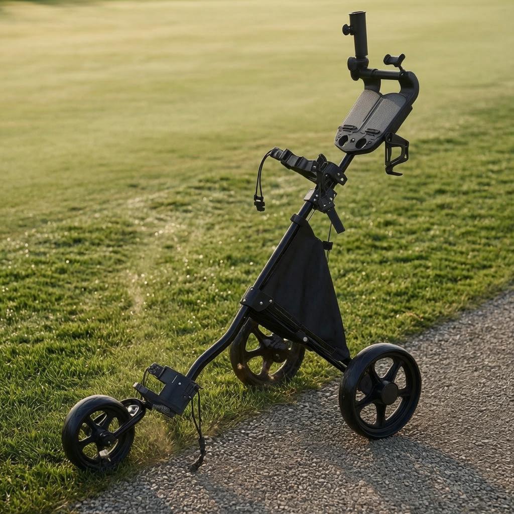 Three-Wheel Golf Push Trolley Water Bottle Holder 3-Wheel Golf Push Trolley Sports Gear Spoked Wheels Easy Fold
