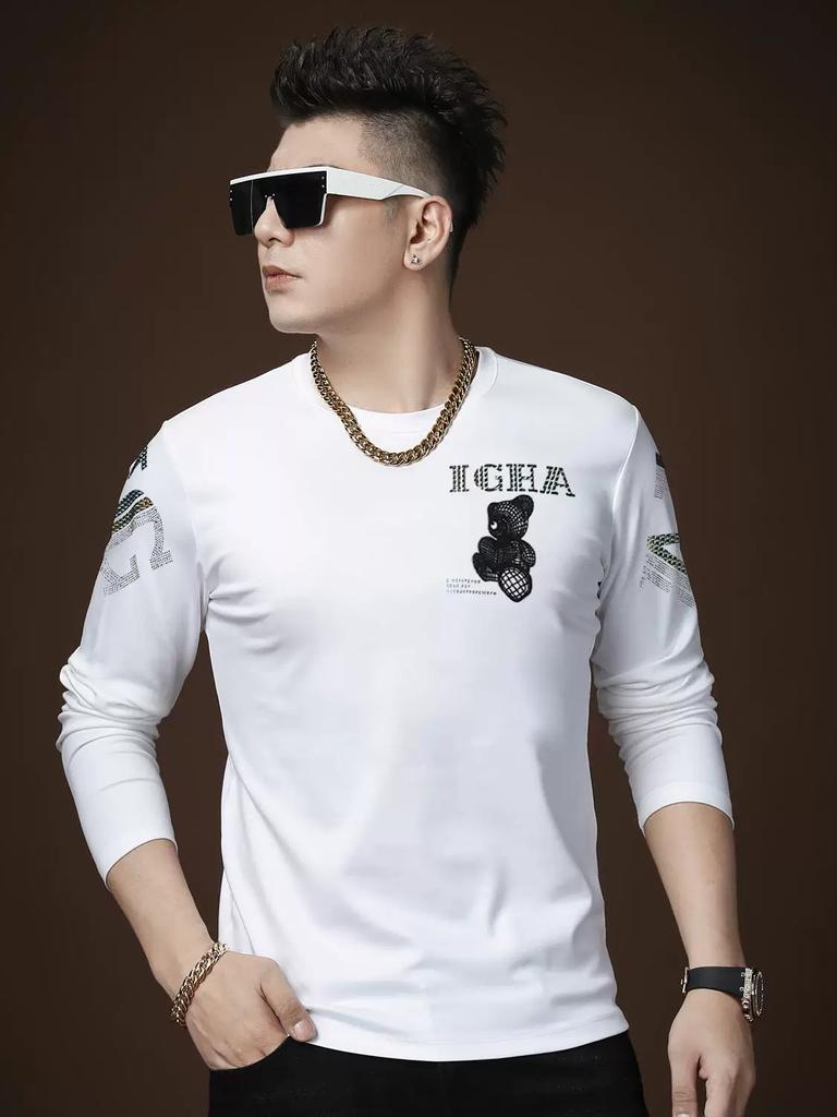 European-Style Long-Sleeve T-Shirt for Men, Autumn Round-Neck Tee, 2025 New Trendy Brand Bear Print Top, Men's Base Shirt