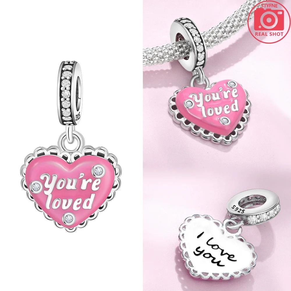 Pink Zircon Open Front Love Couple Sweater Copper Charms Beads Original Fit Bracelet Women Delicacy Diy Girlfriend'S Gift