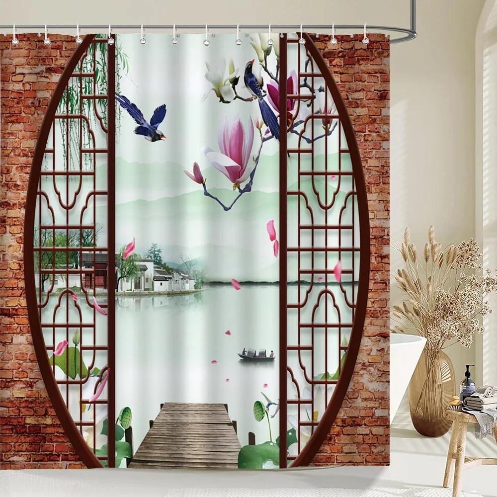 

Waterproof Polyester Fabric Shower Curtain With 12 Hook Chinese Landscape Flower Bird Bath Curtain Home Decor Bathroom Curtains W60H190(CM)-1 Pcs