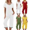 2 Pcs/Set Pajamas Set V Neck Contrast Color Short Sleeve Loose Homewear Elastic Waist Cropped Pants Summer Night Clothes