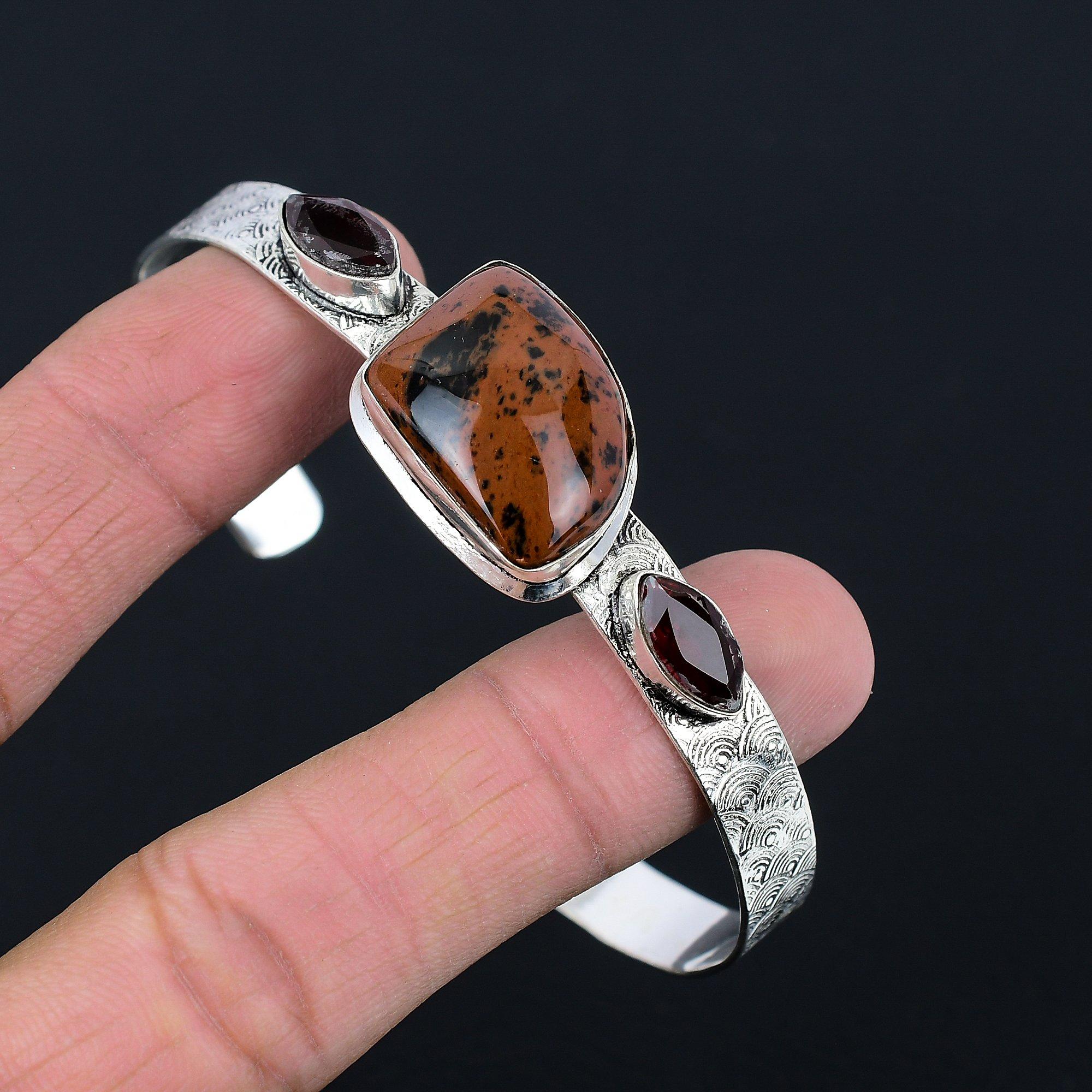 

Daughters Day Sale 925 Sterling Silver Mahogany Obsidian Gemstone Garnet Bangle Adjustable