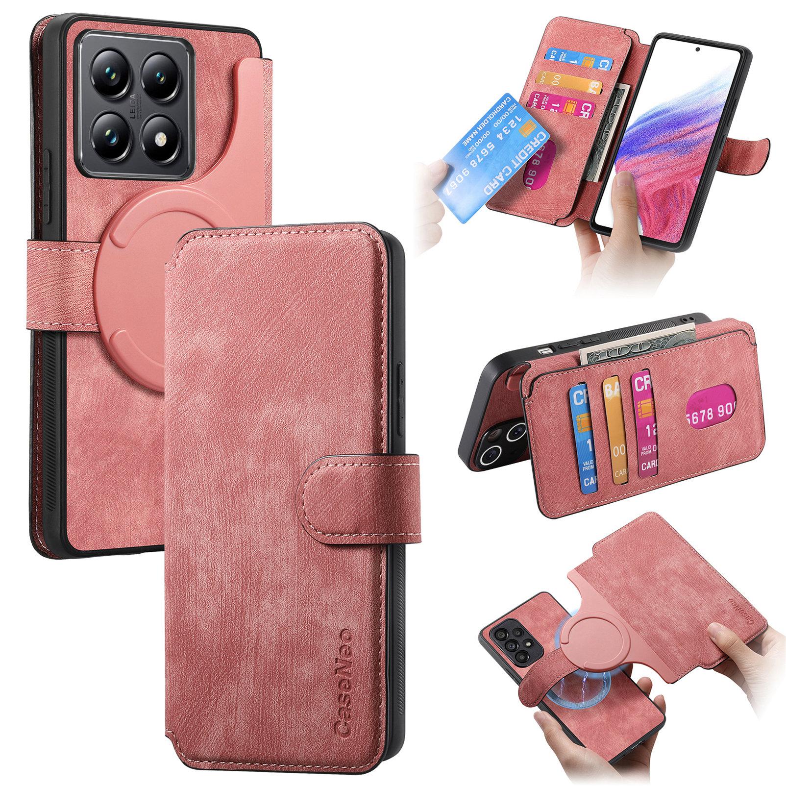

For Xiaomi 14T Pro Magnetic Case CASENEO Detachable Leather Phone Wallet Cover Pink