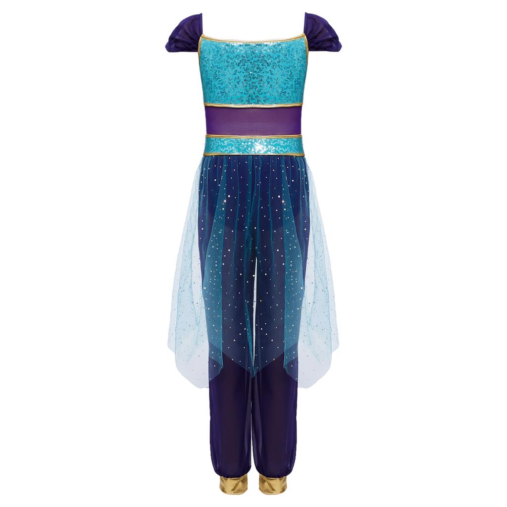 Dívčí sada arabské princezny pro břišní tance: Barevný overal s kamínky, flitrovaným pasem a tylovým přehozem pro Halloween Cosplay