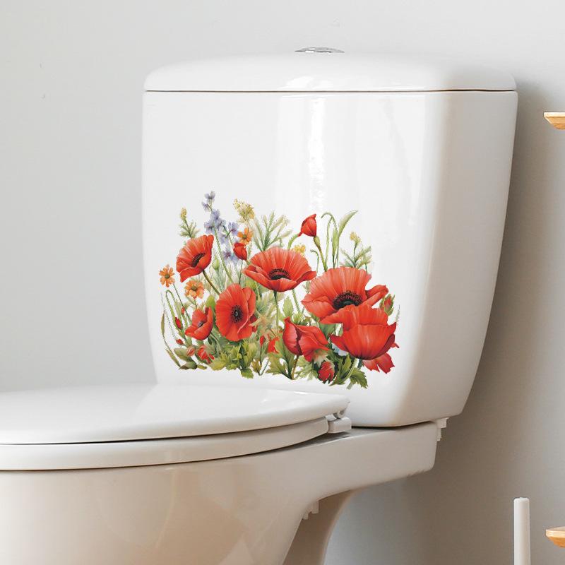 Elegante Mohnblumen und Grüne Pflanzen Toilettenaufkleber Wasserdicht Selbstklebend Abnehmbare Folie für Badezimmer WC Heimdekoration