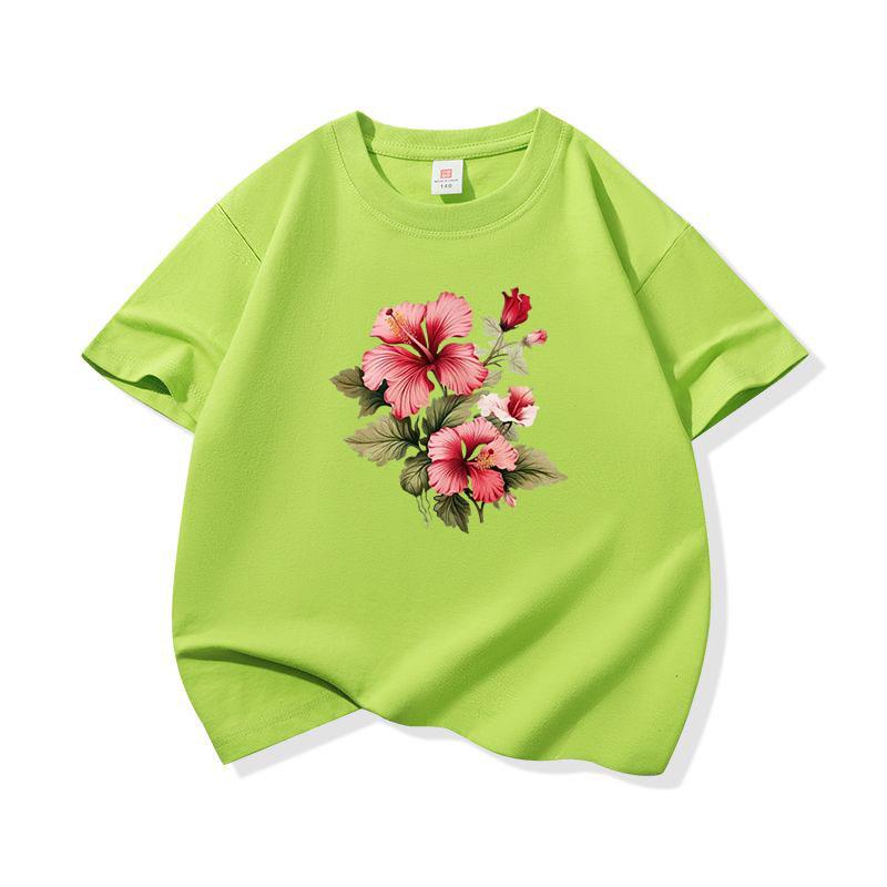 Kids Cotton T Shirt Pink Hibiscus Flower Print Crew Neck Short Sleeve Tee Casual Breathable Boys Girls Summer Tops