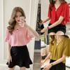 Women V Collar Medium Sleeve Chiffon Blouse T-shirt