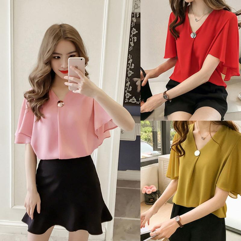 Women V Collar Medium Sleeve Chiffon Blouse T-shirt