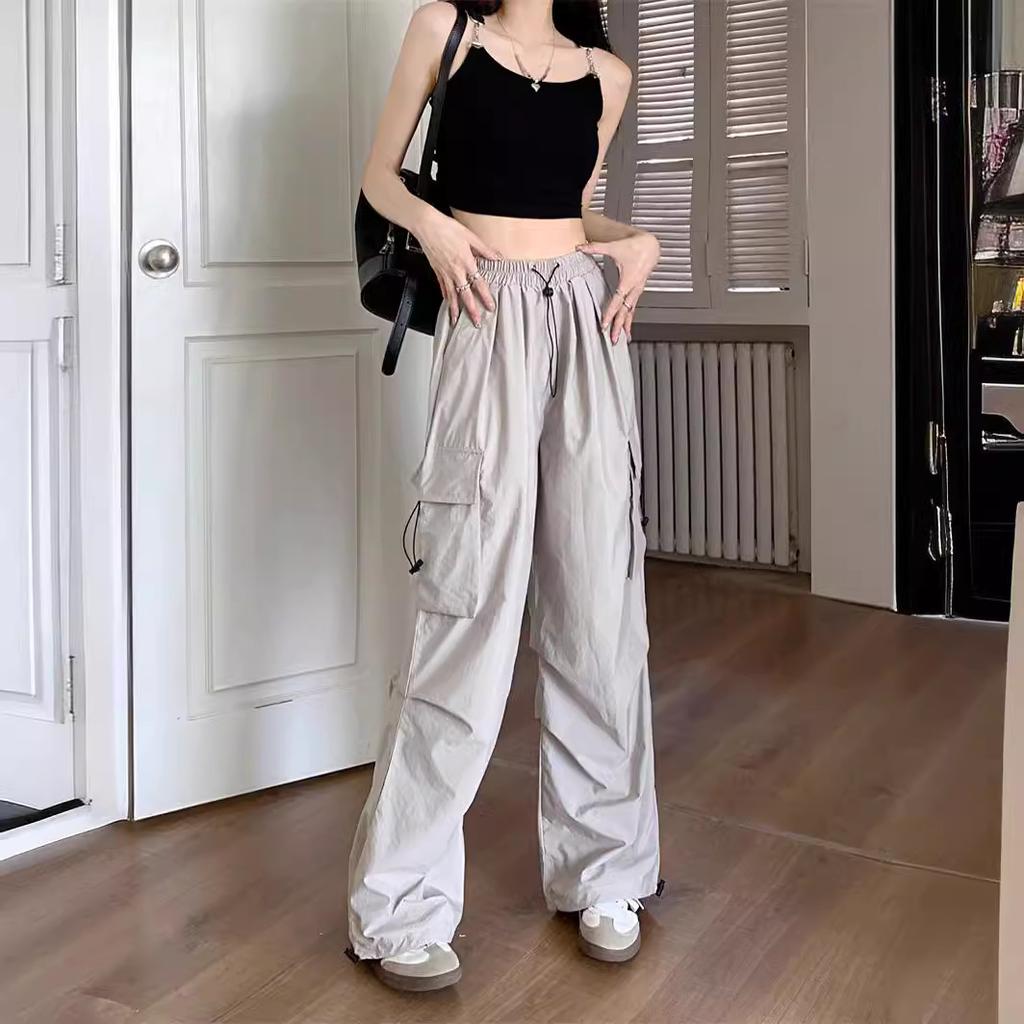 Women High Waist Wide Leg Cargo Pants Thin Drawstring Multi Pocket Loose Casual Outdoor Trousers