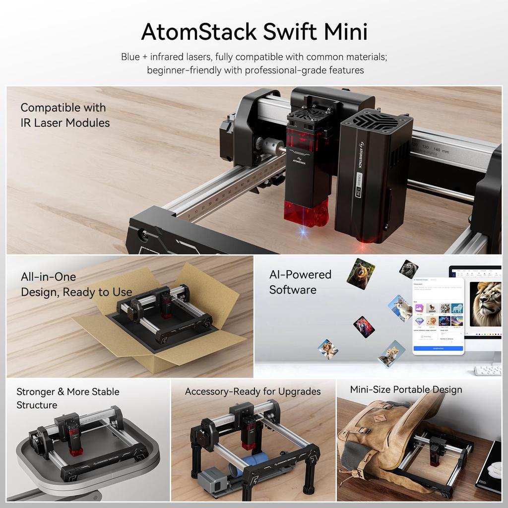 ATOMSTACK Swift Mini 3W Laser Engraving Machine,135×145mm Engraving Area,0.04*0.04mm Laser Spot,Positioning Accuracy 0.1 mm