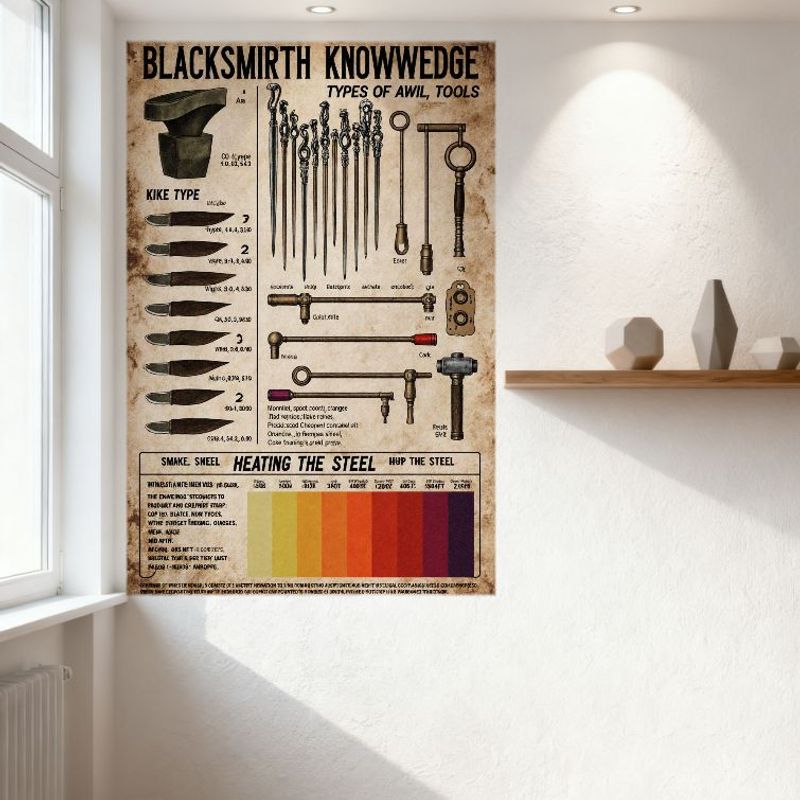 Vintage Blacksmith Knowledge Metal Tin Sign, Types of Anvil Tools & Heating Steel Color Chart, Retro Educational Art for Man Cav