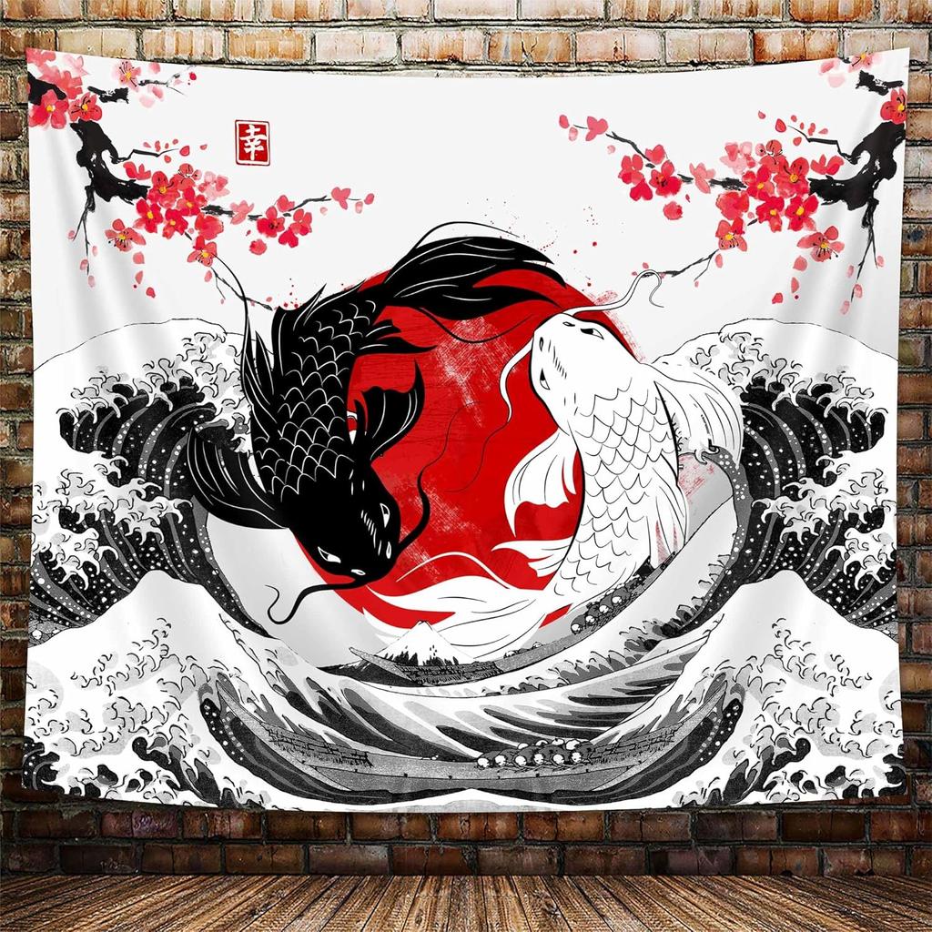 NYMB Japanese Anime Tapestry, Black and White Yin Yang Koi Fish Tapestry for Bedroom Aesthetic, Asian Wave Cherry Blossom Tapestries Poster Beach