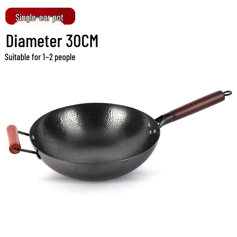 Uncoated Hand-Hammered Forged Iron Wok with Non-Stick Surface and Stir-Fry Spatula for Open Flame Household Cooking