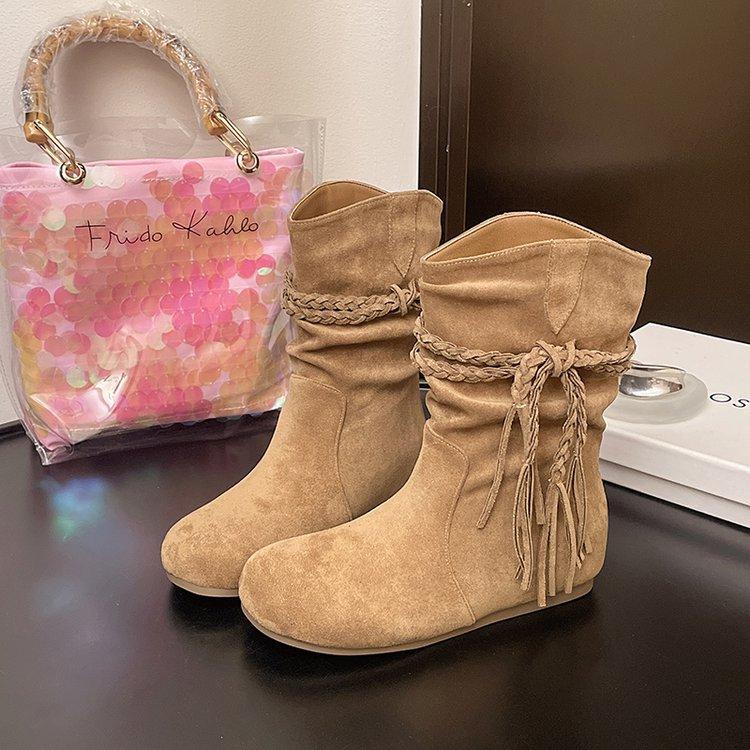 

Ретро Пустошь Бахрома Рыцарские Сапоги 2025 Новые Толстый Каблук Но До Колена Длинные Сапоги Узкий Ворс Вестерн Сапоги Женские 40 хаки