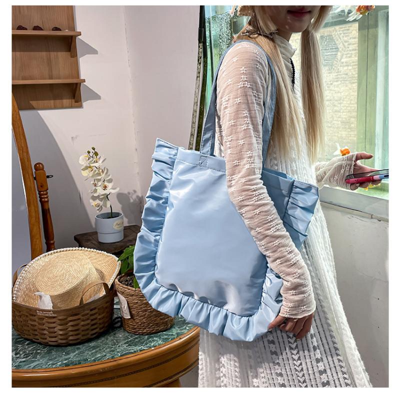 Vintage Women Tote Bags French Style Ruffles Elegant Sac A Main Femme Large Capacity Light Thin Shoulder Bolso Mujer Handbags