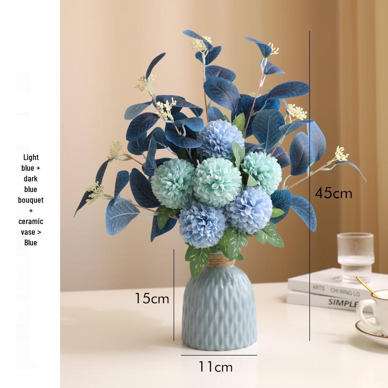 Eucalyptus Ball Chrysanthemum Bouquet in Ceramic Vase - Artificial Dried Flowers for Living Room or Dining Table Decor