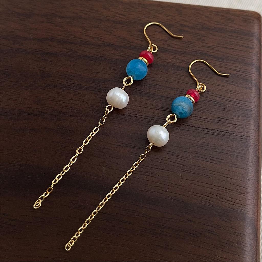 Boucles d'oreilles à pampilles en perles d'eau douce et aigue-marine faites à la main: Style Chinois Rétro Long Design Littéraire
