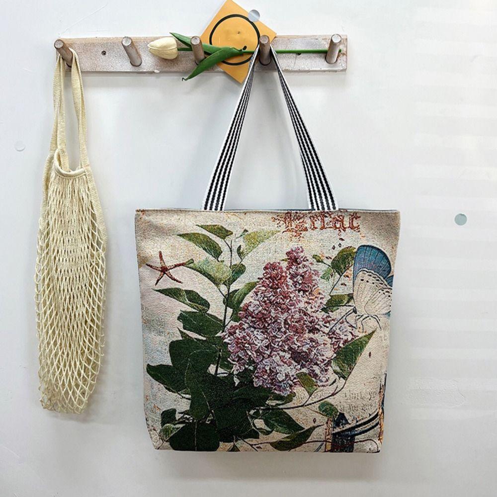 Embroidery Flower Cloth Bag Large Capacity Embroidery Tote Bag Simple Animal Shoulder Bag  Girls