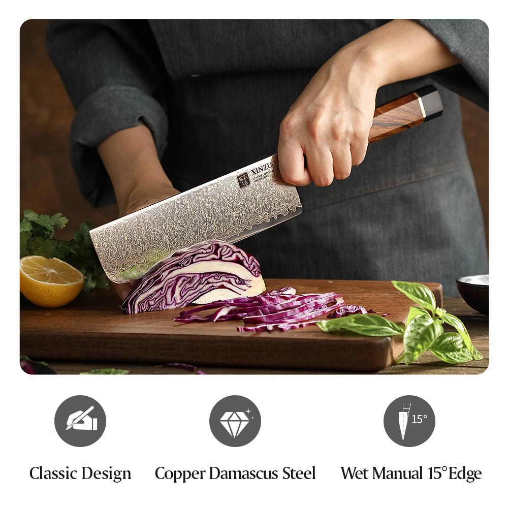 XINZUO Newest Style 7'' Inches Nakiri Knife 37 Layers Real Tricolour Copper Damascus Steel Kitchen Butcher Cleaver Fish Knife