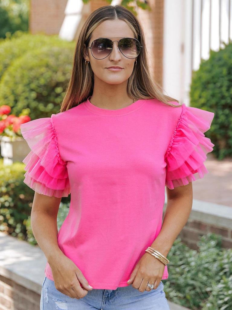 European and American Summer Gauze Ruffle Sleeve Women's Cropped T-Shirt