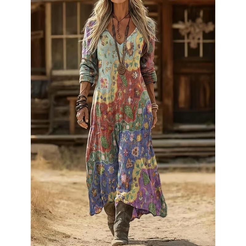 Creative Tie-dye Printing Women's New V-neck Long-sleeved Dress Medium and Long Dress
